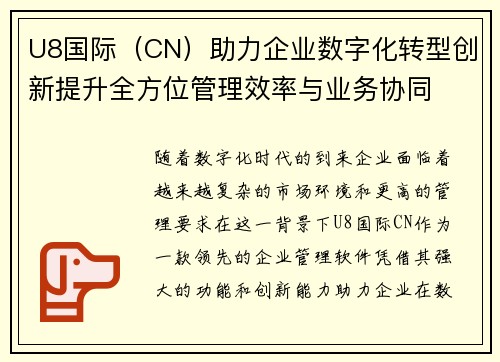 U8国际（CN）助力企业数字化转型创新提升全方位管理效率与业务协同